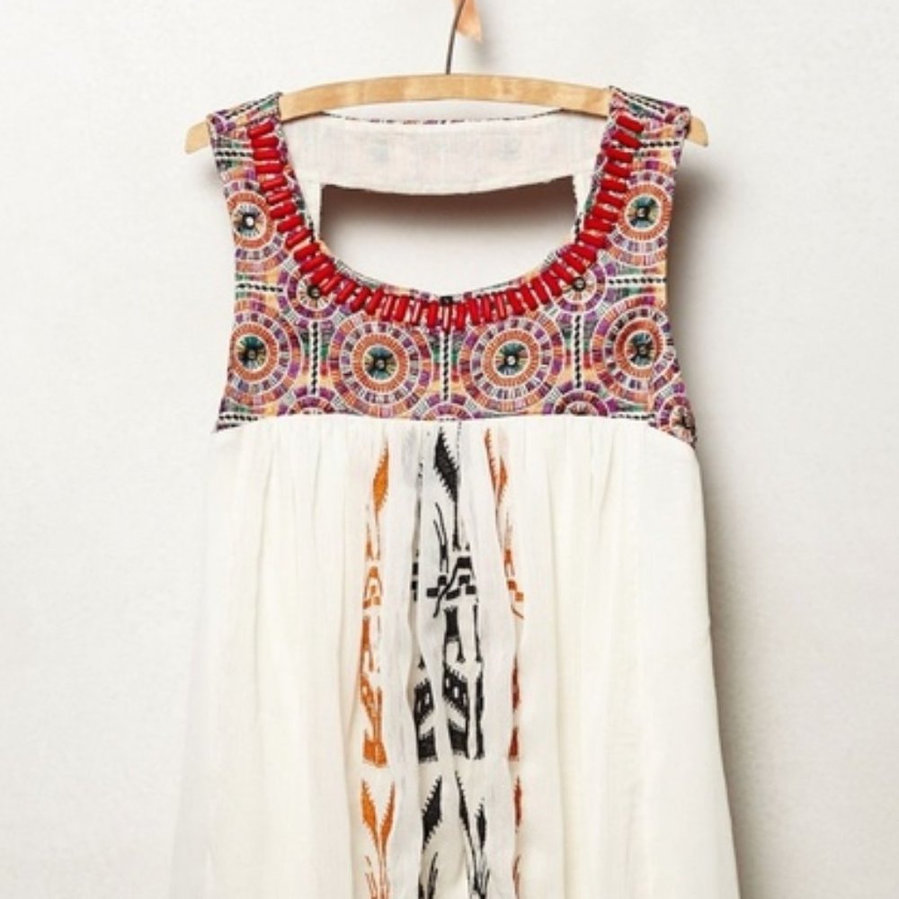 Anthropologie White Boho Embroidered Beaded Yoke Tank